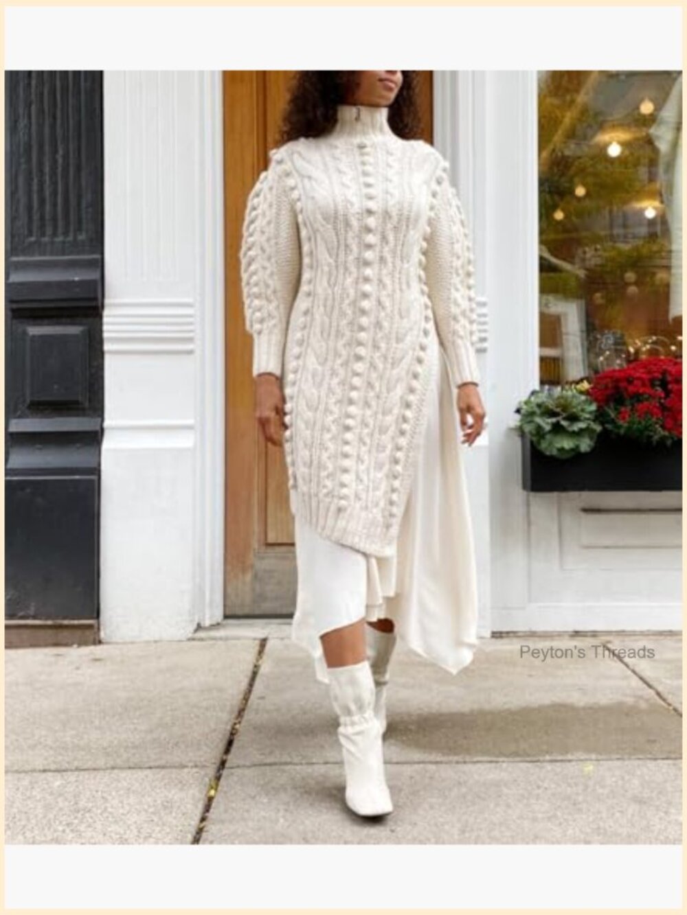 Textured Knit Puff Sleeve High Neck High Split Maxi Sweater Dress - Picture 5 of 7